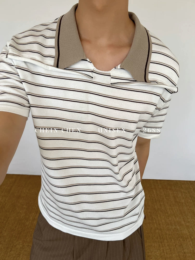CHEIN CHEN Striped Knit Polo Shirt