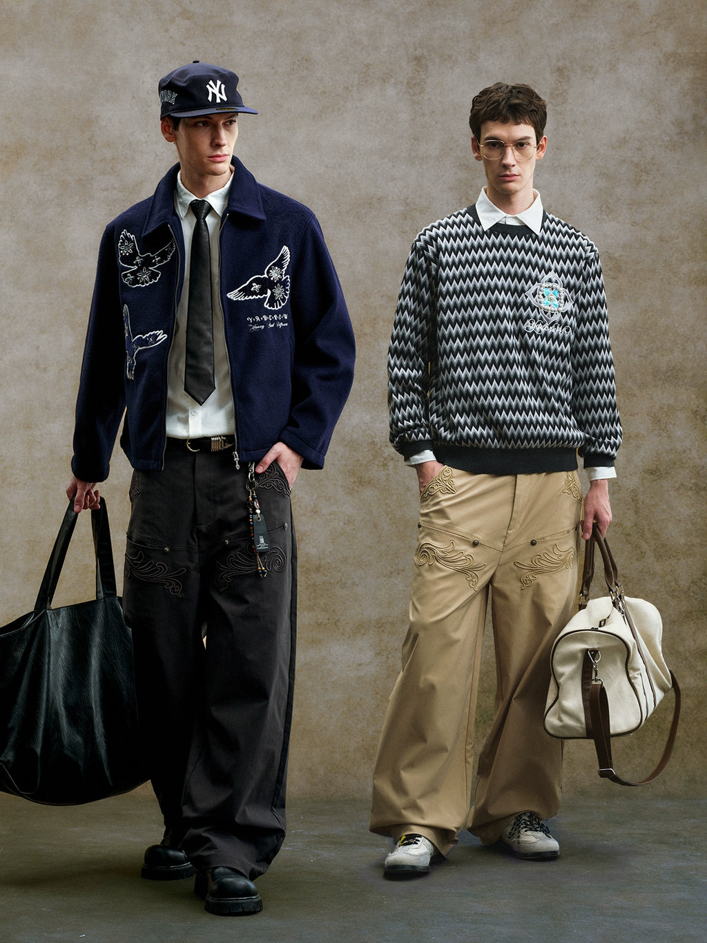 YADcrew Three-dimensional Line Embroidery Straight Tube Wide Overalls