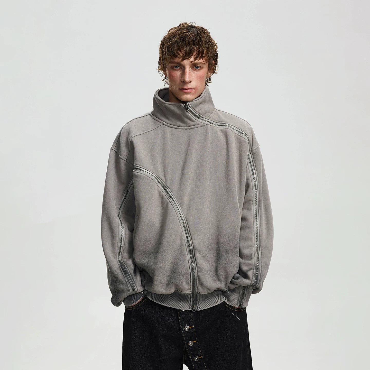 BTSG niche silhouette irregular zipper stand-up collar jacket