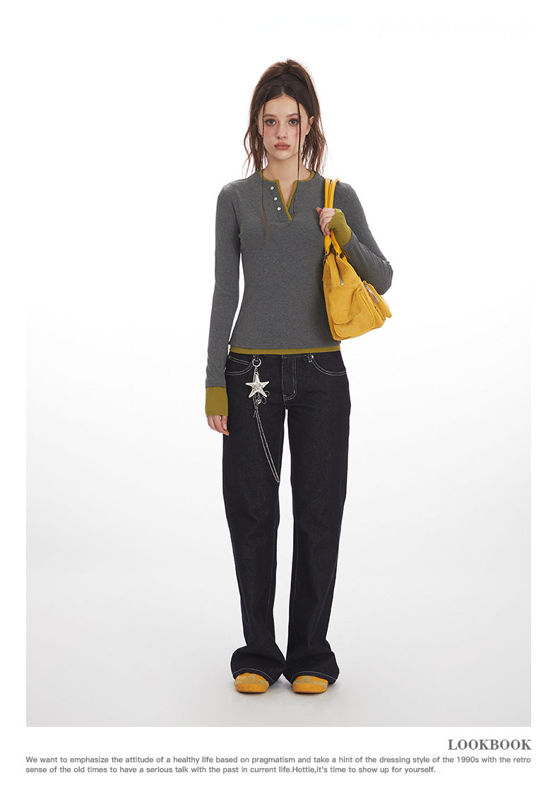 Nariele Fake Two Pieces Vintage Slim Skinny Long Sleeves