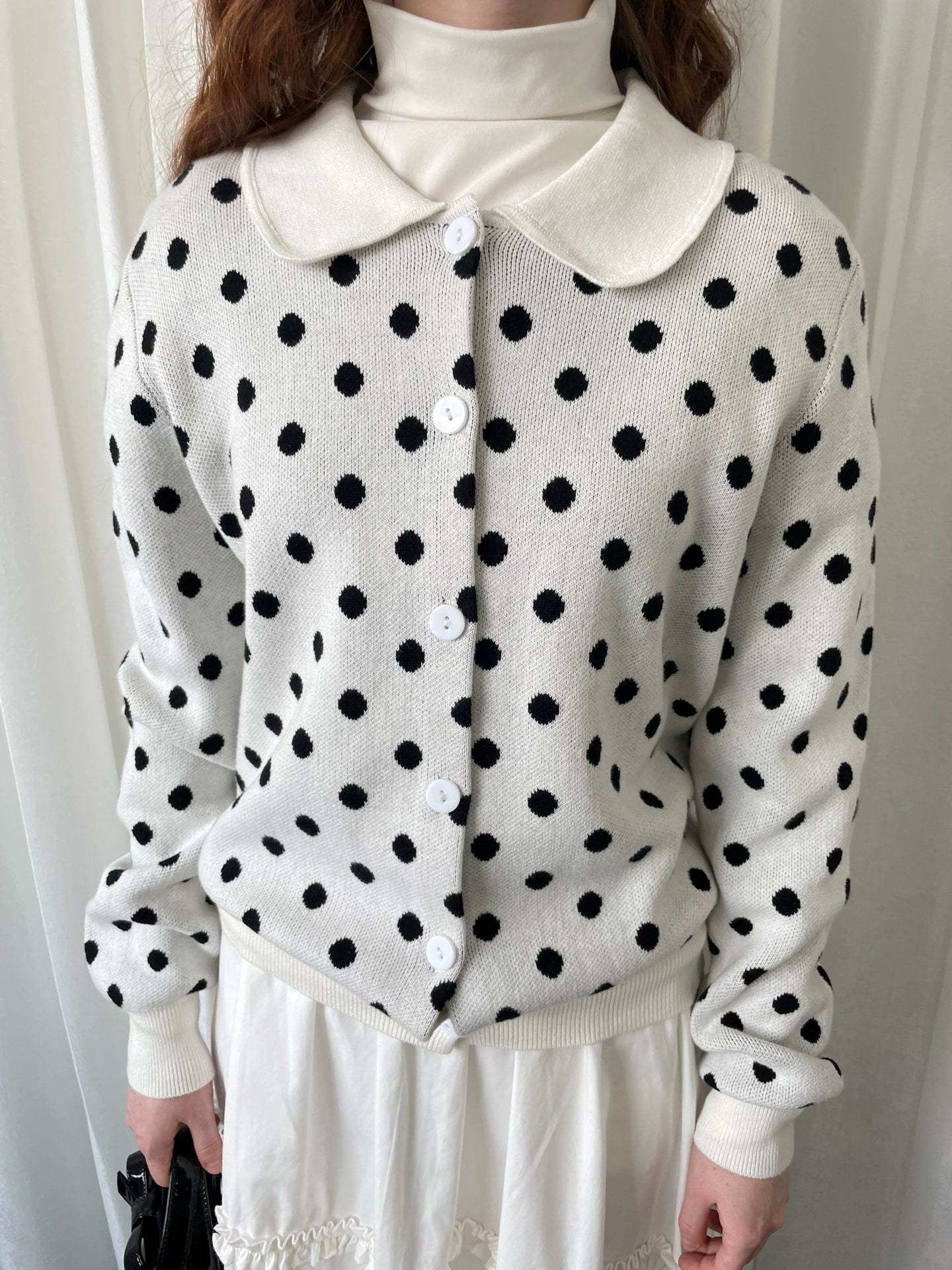 Loosesmell Polka Dot Doll Collar Long Sleeve Knitted Cardigan