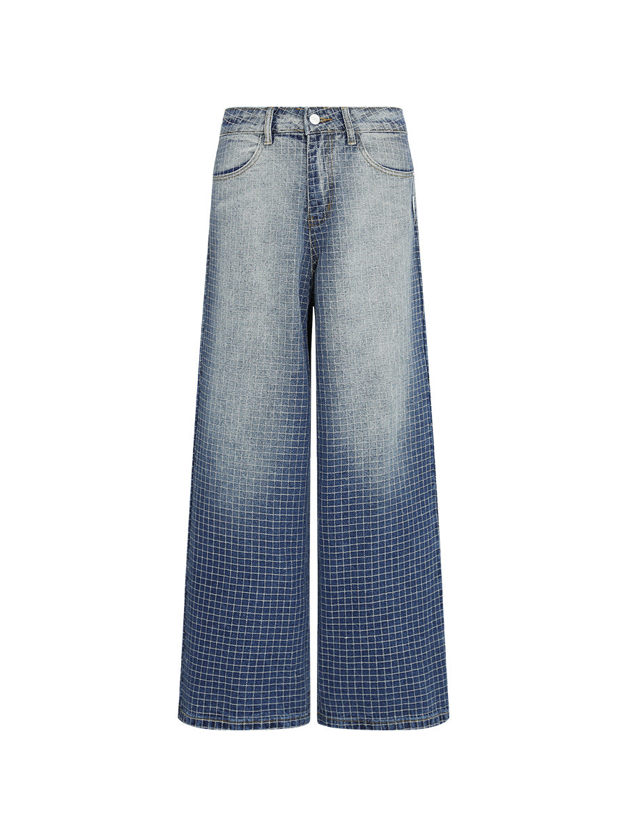 FUNKYFUN Embroidered Plaid Line Straight Jeans