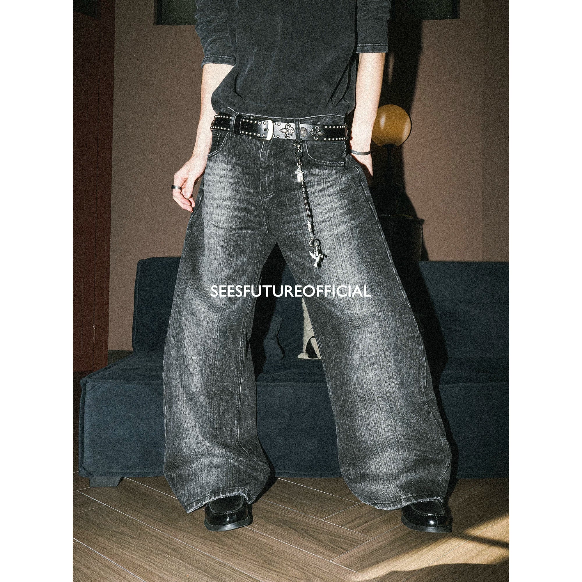 Seesfuture Cat Beard White Loose Wide Leg Jeans