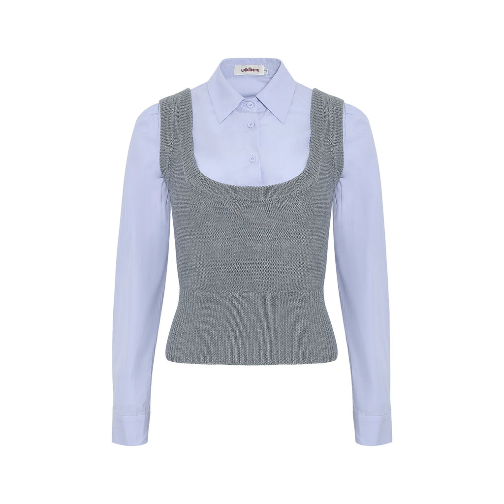 Wildberry Faux Two-Piece Knit Panel Slim Fit Long-Sleeve Top