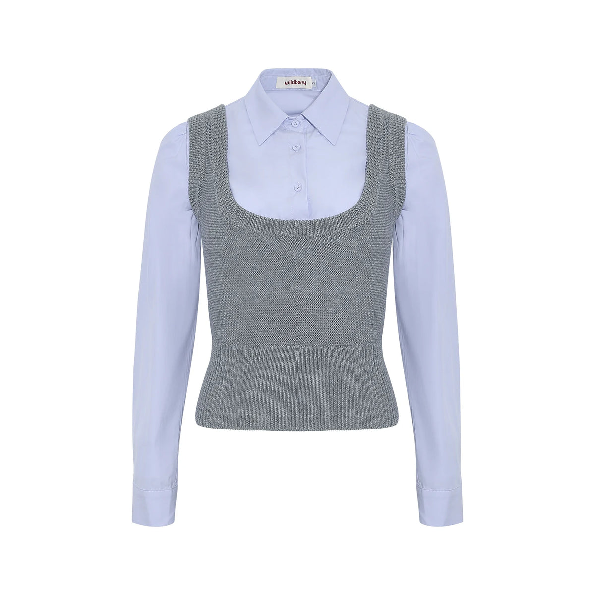 Wildberry Faux Two-Piece Knit Panel Slim Fit Long-Sleeve Top