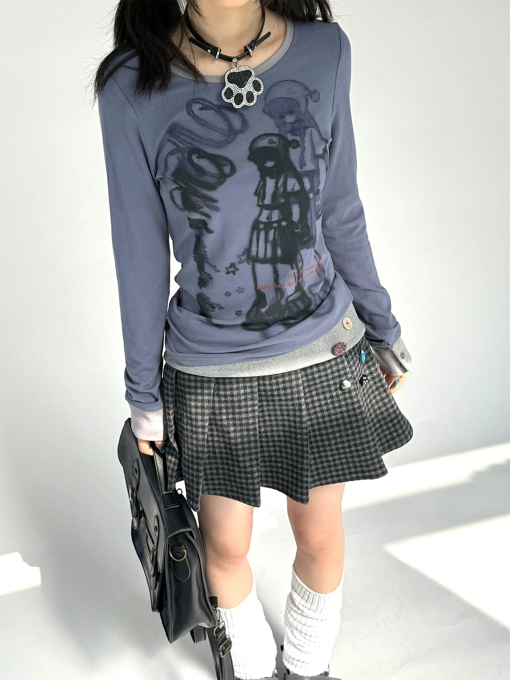 Kasugano TOO Plaid Button High-Waist A-Line Mini Skirt