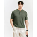 KARESINO Men's Breathable Linen Henley Knit Polo Shirt - Casual Tee
