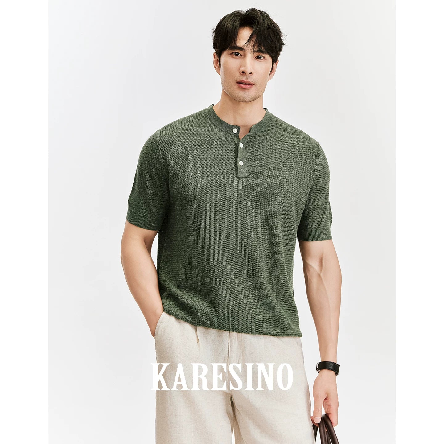KARESINO Men's Breathable Linen Henley Knit Polo Shirt - Casual Tee