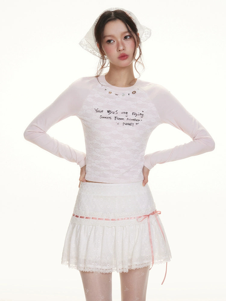 IMONE Skinny Lace Jacquard Pleated Skirt