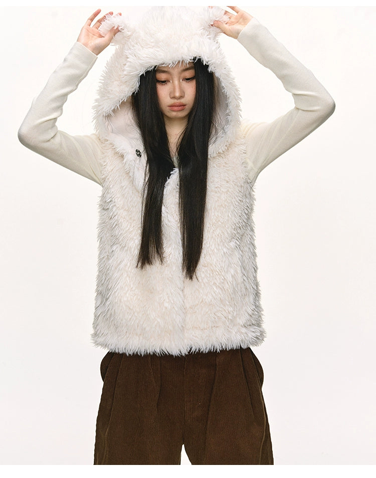 Anna Aneae Bear Ears Cute Hooded Short Fluffy Vest