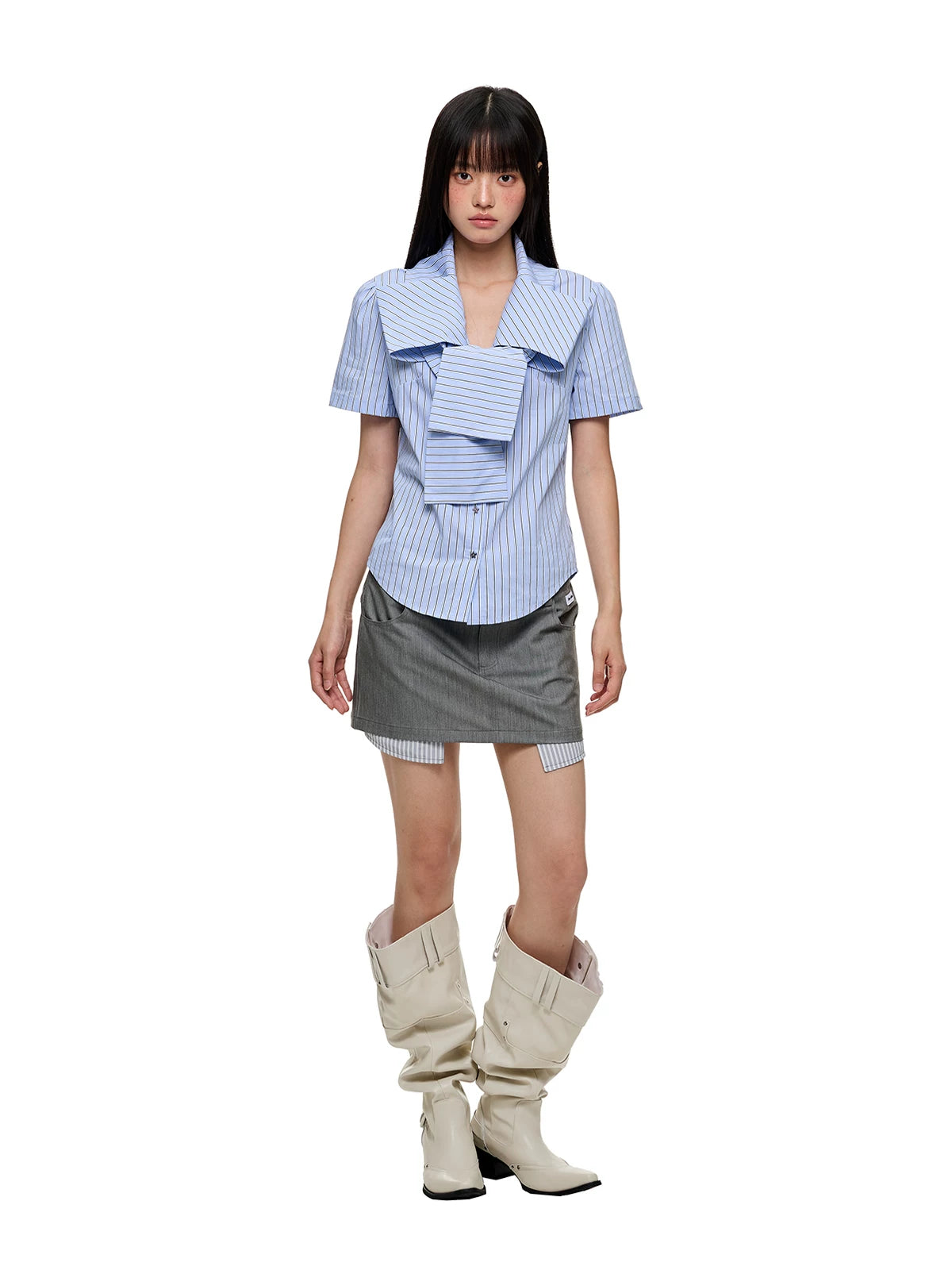 JIKOO Bow Hot Diamond Vertical Stripe Slim Fit Skinny Shirt