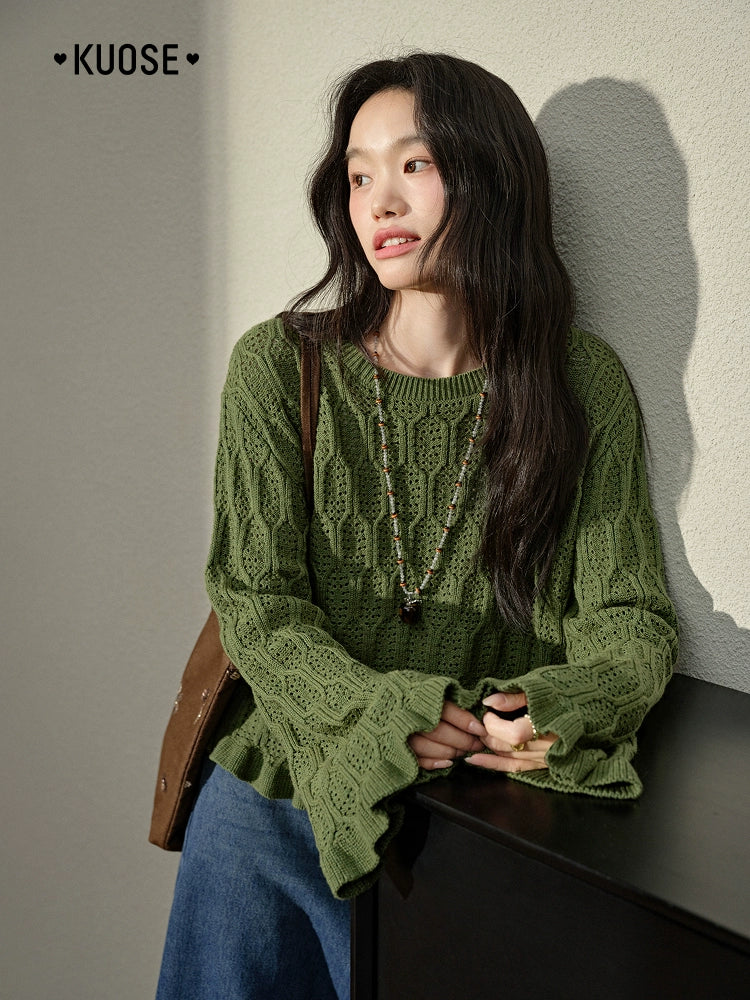 Kuose Hollow Short Long-sleeved Knitted Sweater