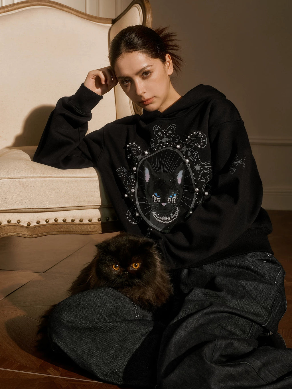YADcrew Cat Print Hooded Sweater