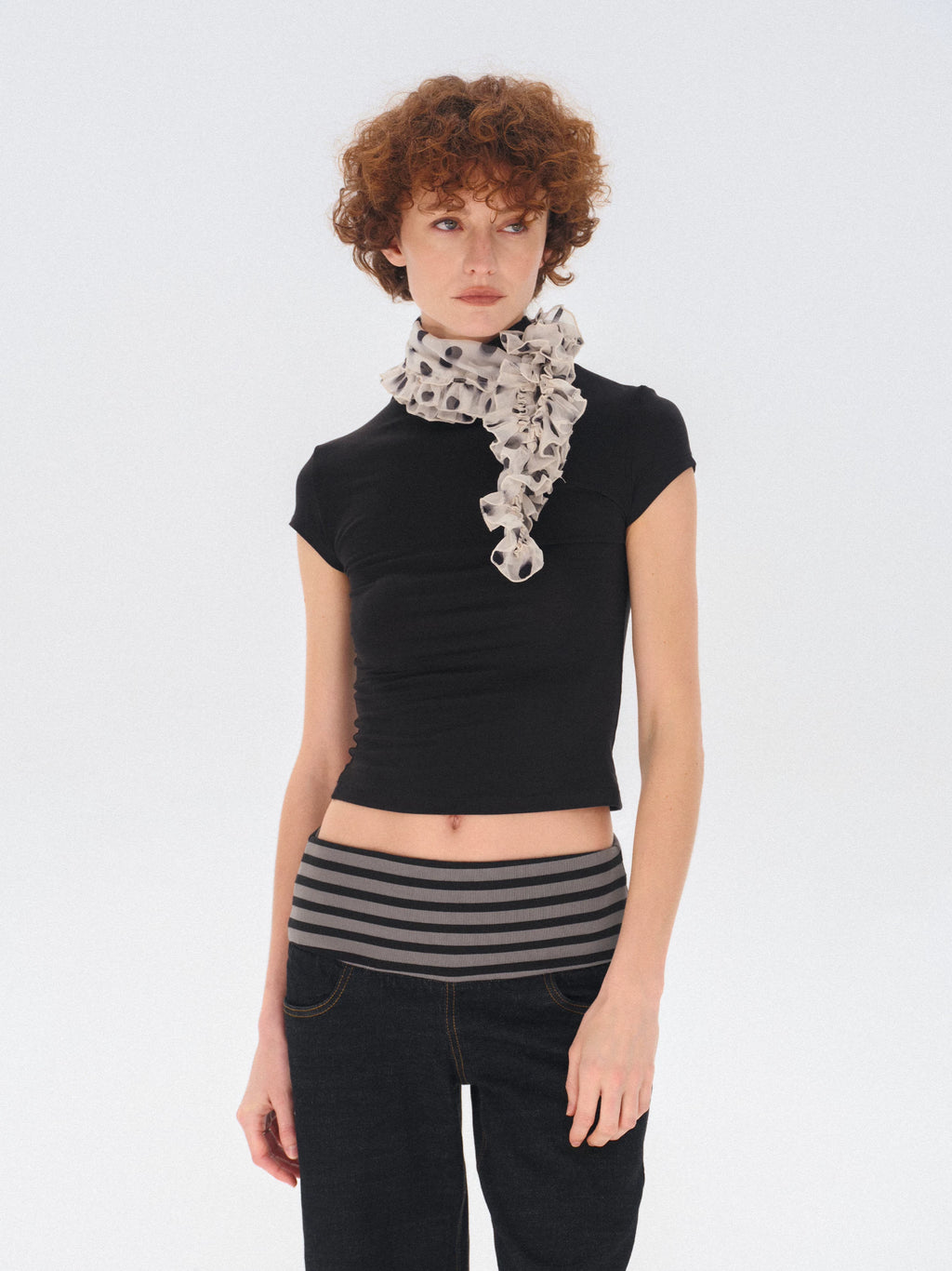 COSTUSTOOT Polka Dot Ruffle Silk Scarf