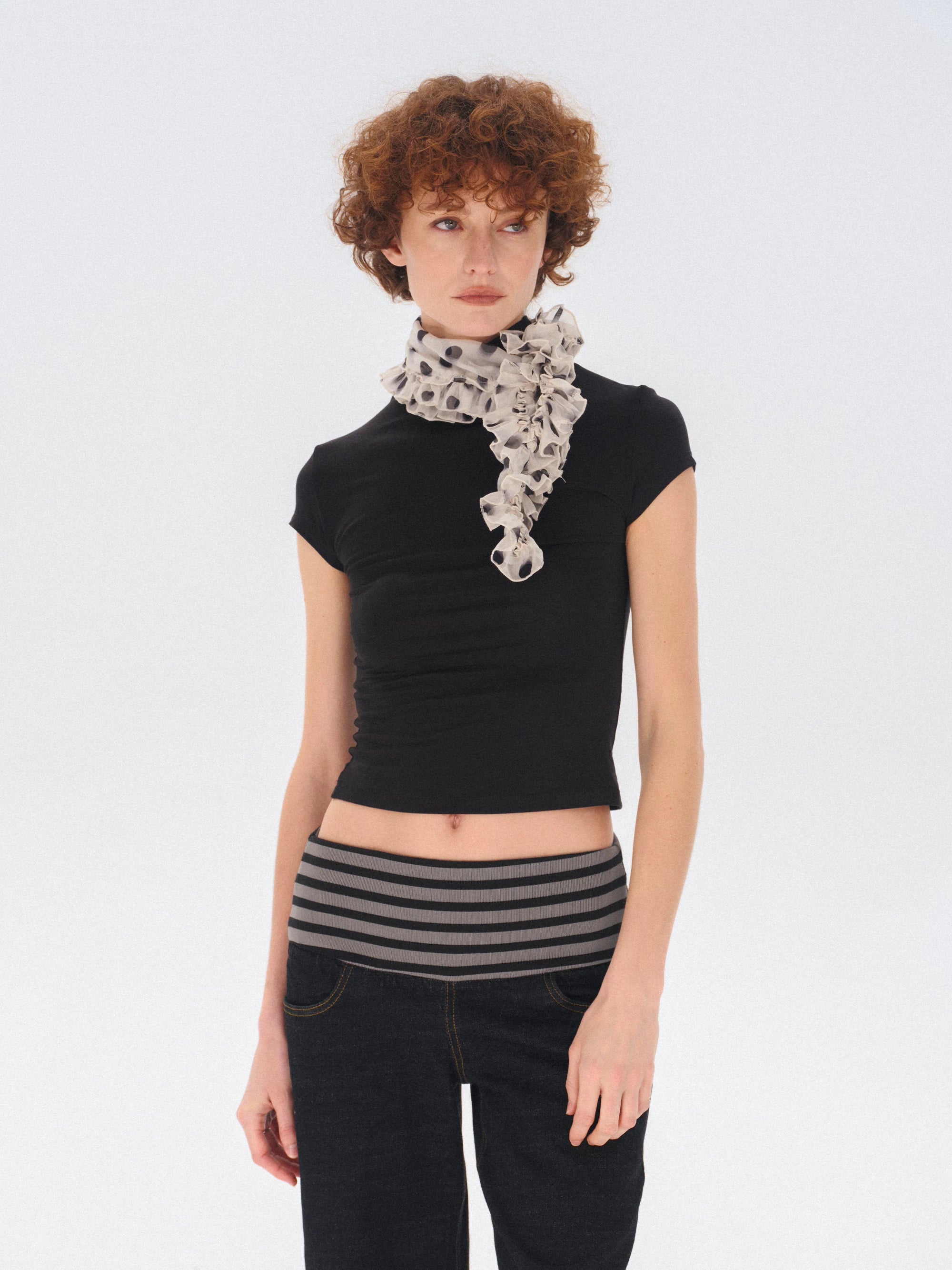 COSTUSTOOT Polka Dot Ruffle Silk Scarf