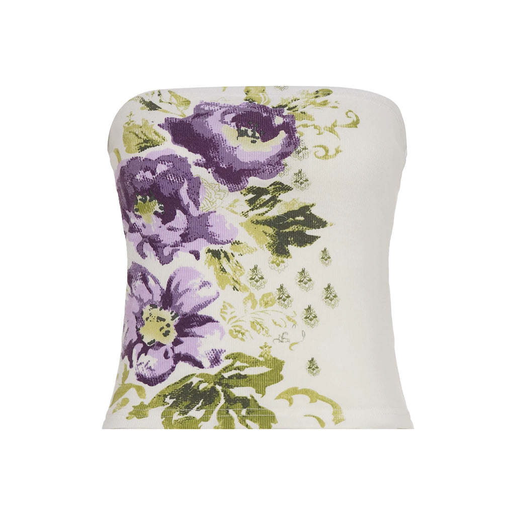FUNOFF Vintage Floral Print Dew Collarbone Waist Tube Top