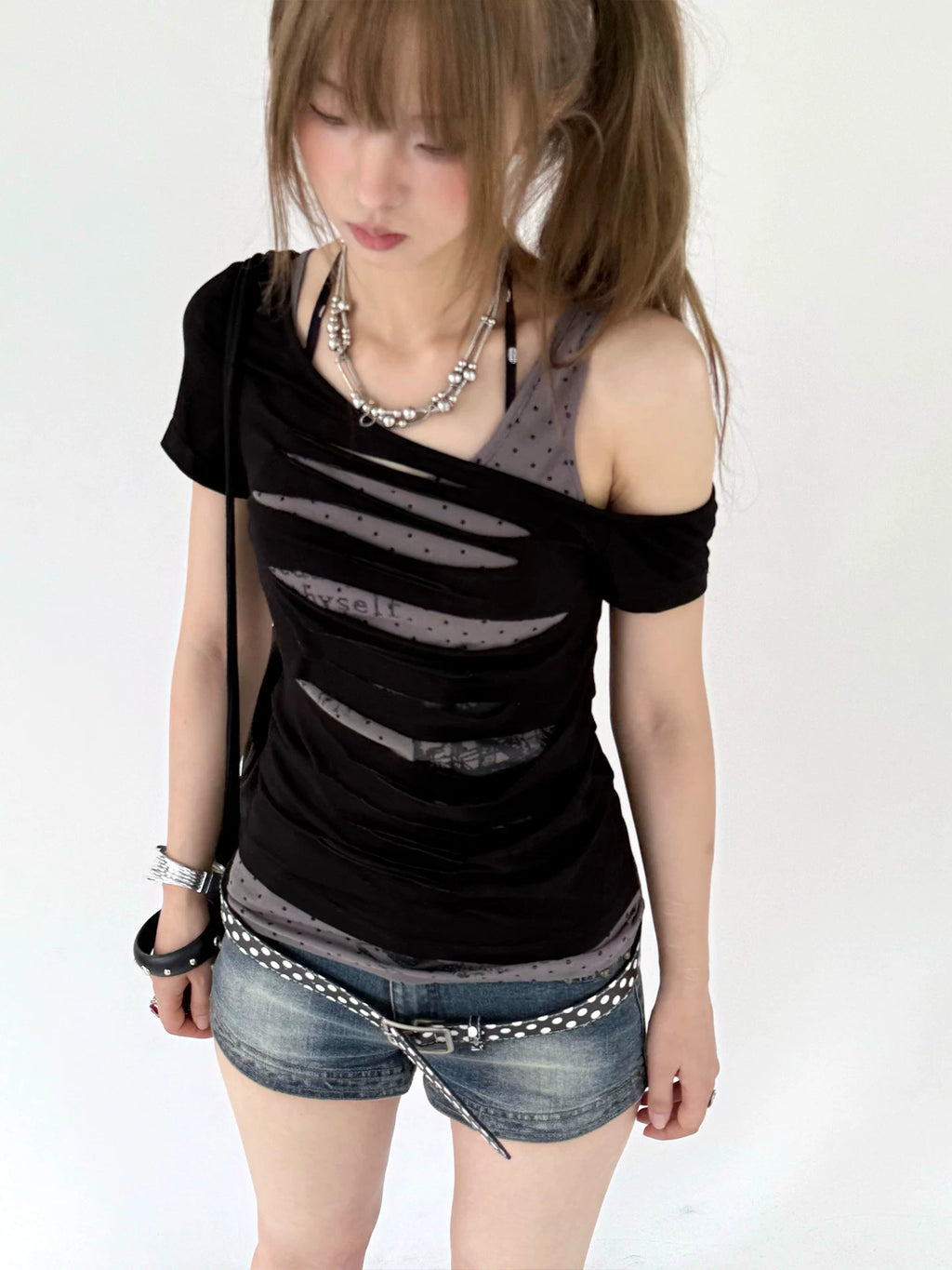 Kasugano TOO Punk Cottage Polka Dot Off-Shoulder Fitted Tee