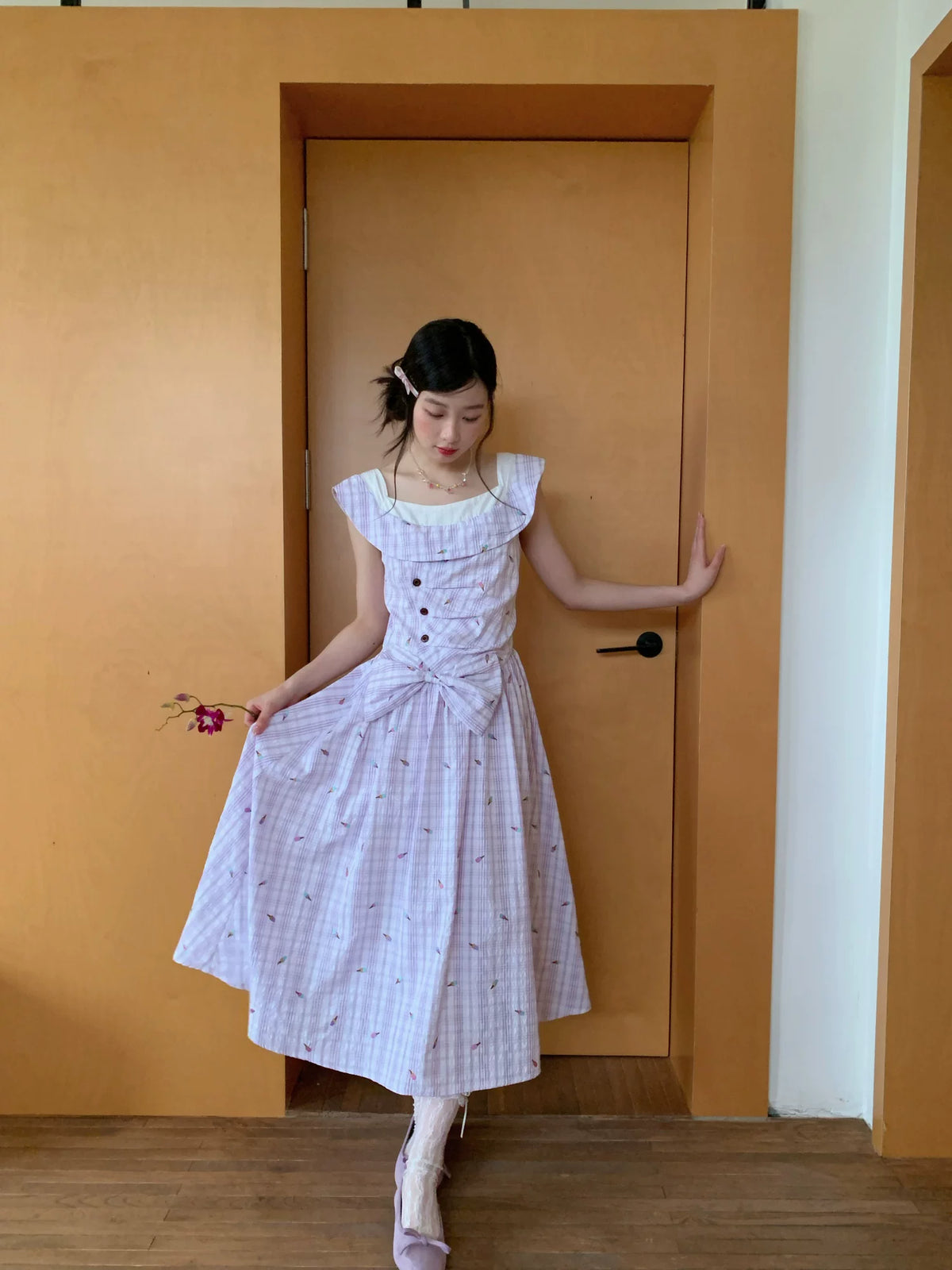 RRFIGHT Soft Purple Plaid Bow A-Line Dress
