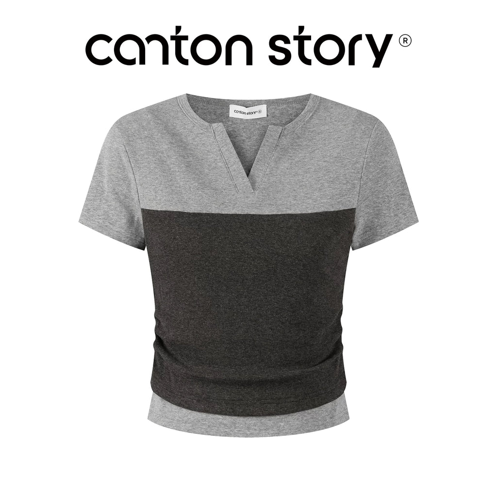 Cantonstory Gray Two-Piece V-Neck Layered Skirt Set