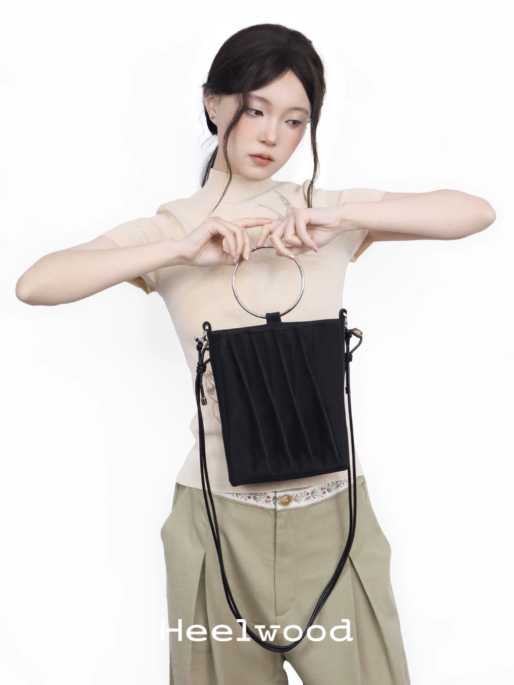 Heelwood Ink Bamboo Faux Leather Pleated Shoulder Bag - Magnetic Snap