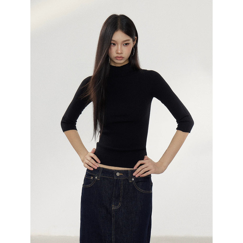 WITHMIN Solid Color Half-Turtleneck 3D Print Pullover Top