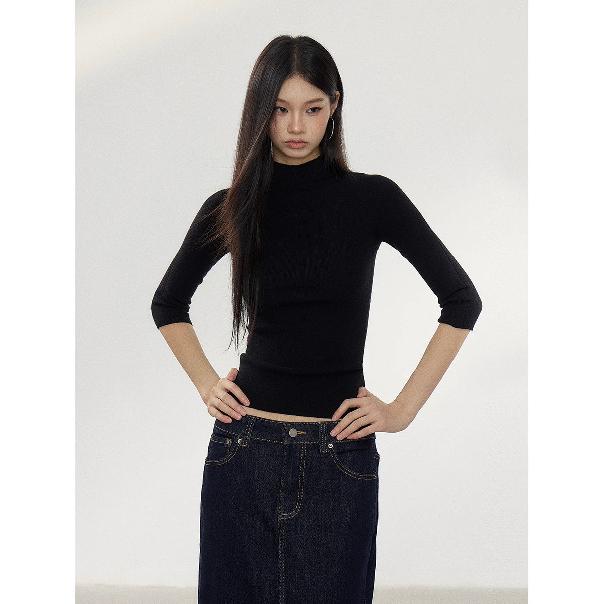 WITHMIN Solid Color Half-Turtleneck 3D Print Pullover Top
