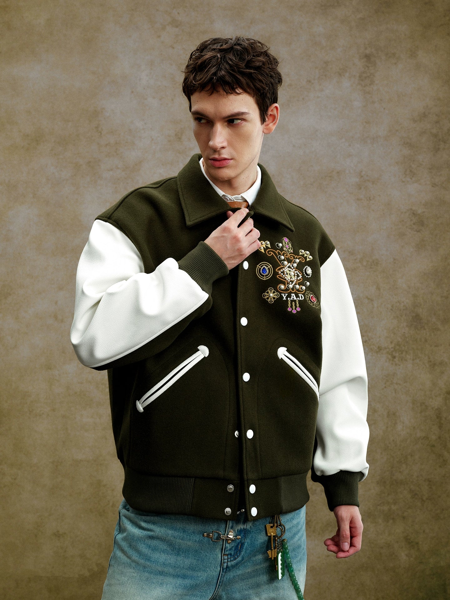 YADcrew Vintage Colorful Jewel Cross Lapel Baseball Jacket