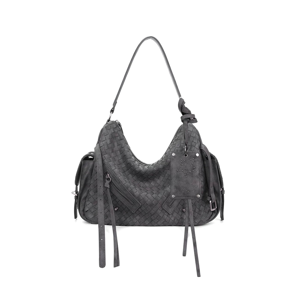 JANDRESS Gray Woven Faux Leather Zip-Top Hobo Bag