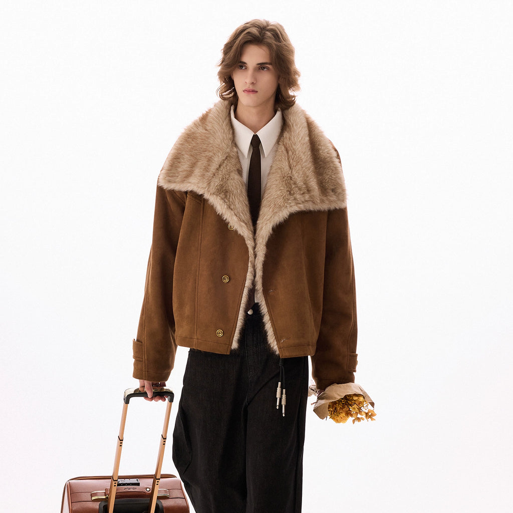 CHOR | 320g Faux Suede Bomber Jacket with Faux Fur Collar