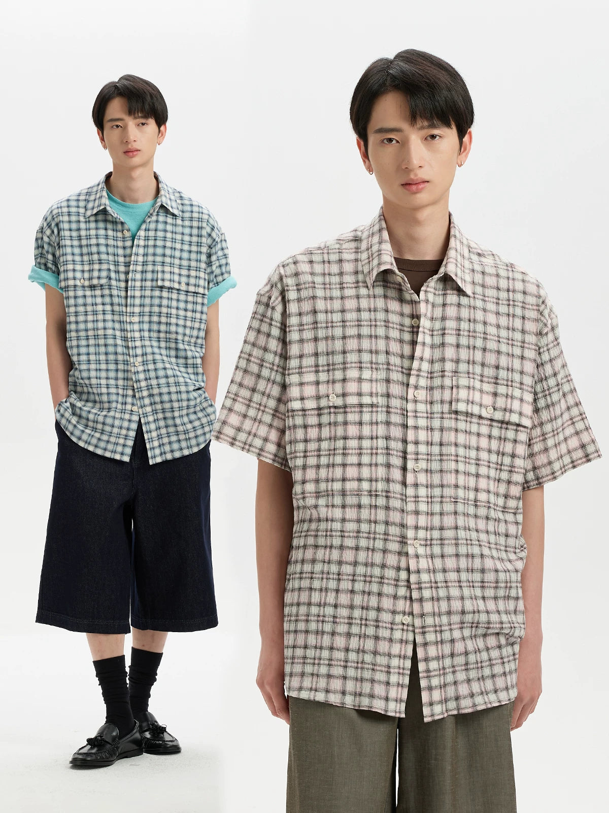 BUTTBILL 200g Plaid Drop-Shoulder Short-Sleeve Shirt