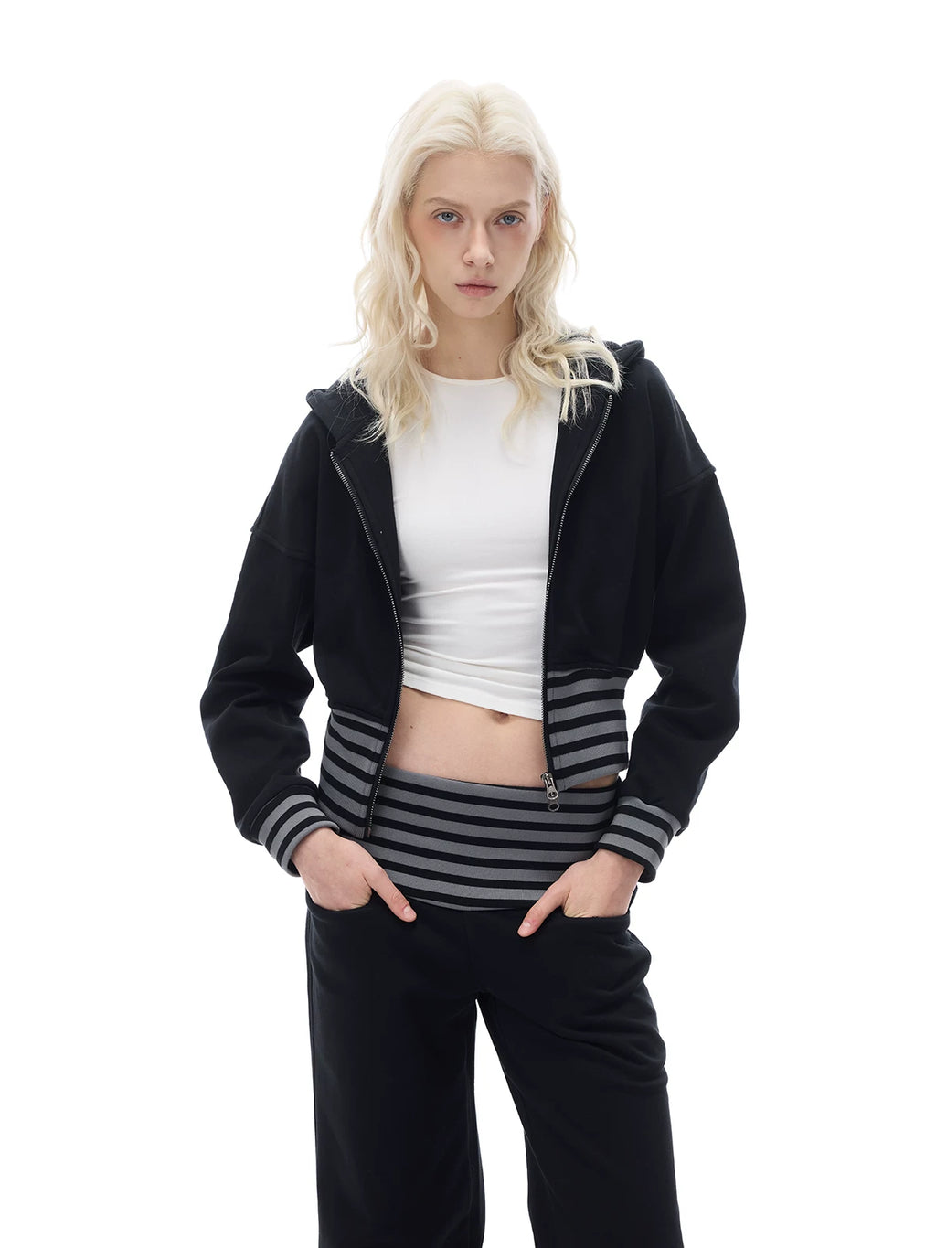 COSTUSTOOT Striped Zip-Up Slim Cropped Hoodie