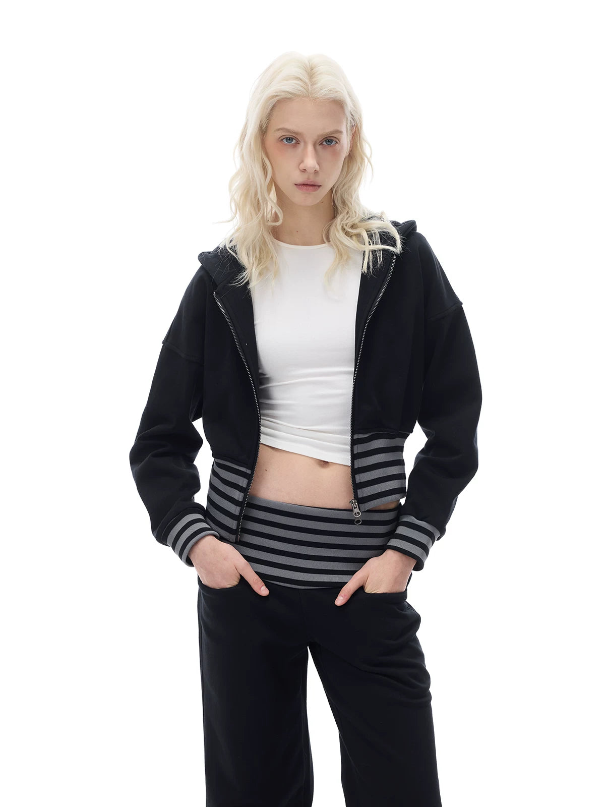 COSTUSTOOT Striped Zip-Up Slim Cropped Hoodie