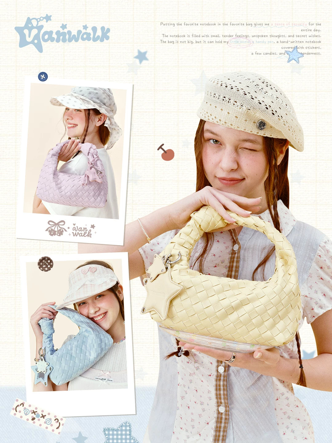 VANWALK Cream Yellow Woven Faux Leather Zip-Top Handbag
