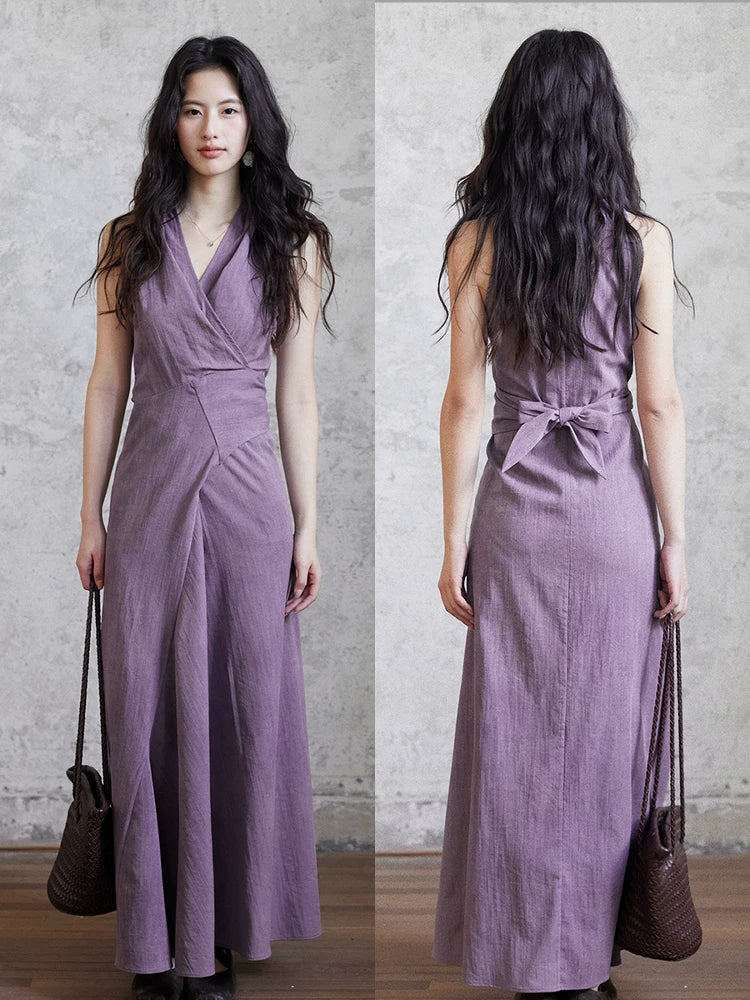 TYANG Temperament Purple V-neck Neck Strap Dress