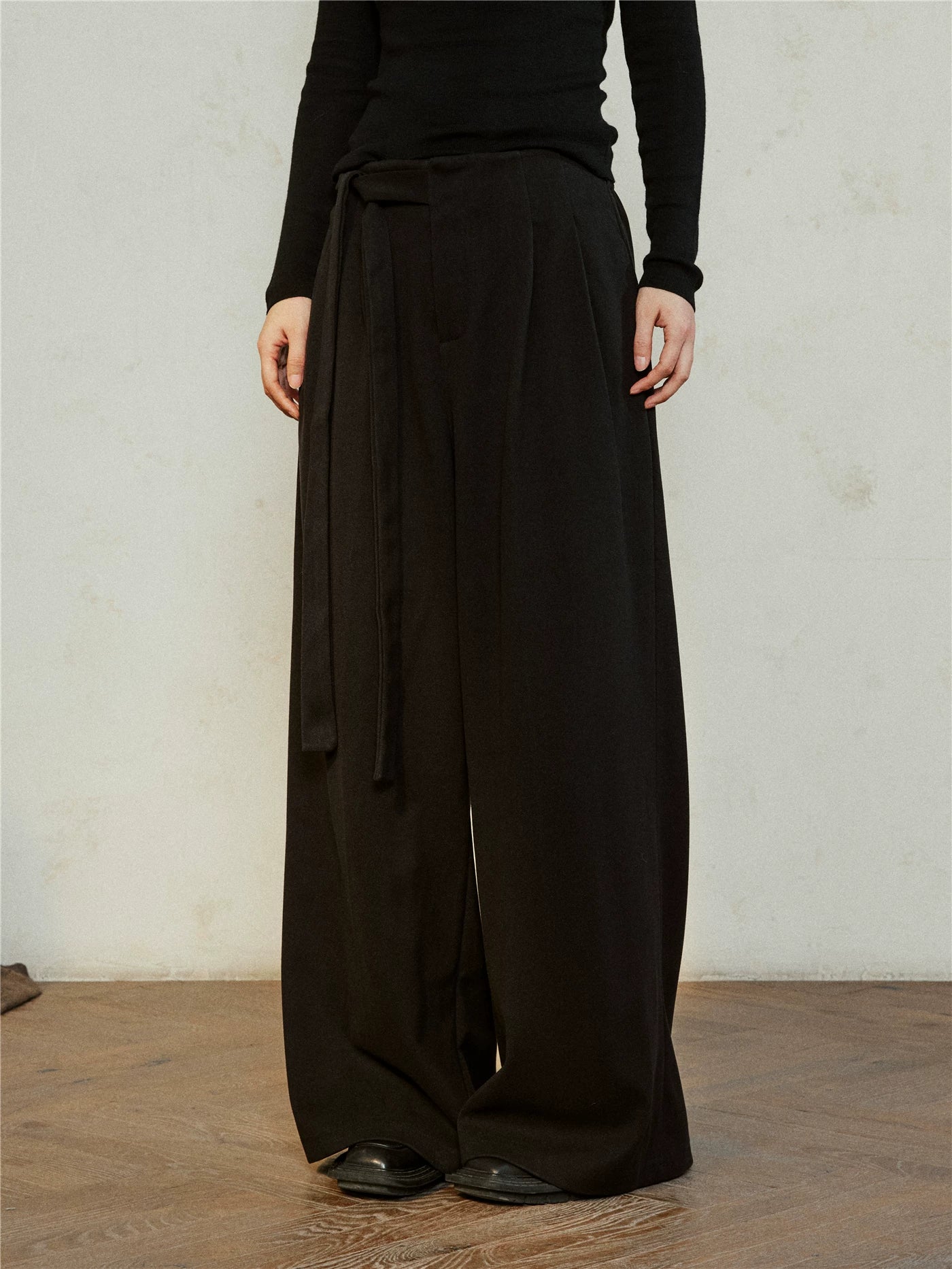 SUNYVONNE Minimalist Lazy Style Lace-Up Wide Leg Pants