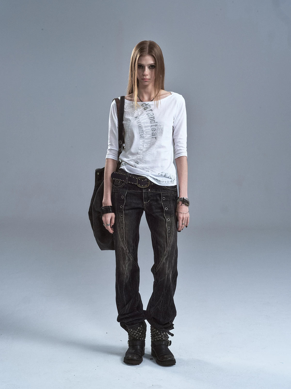 WearAndtear Rivet Lightning Pattern Slightly Pulled Low Waist Jeans