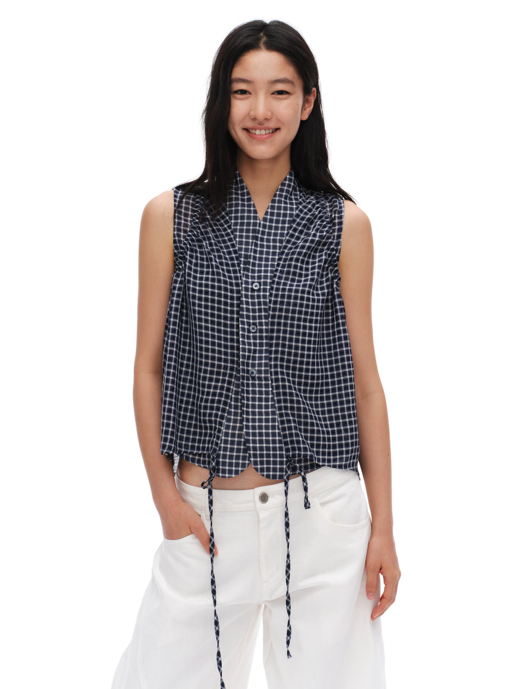Oinimi Checked Pleated Slim Sleeveless Shirt