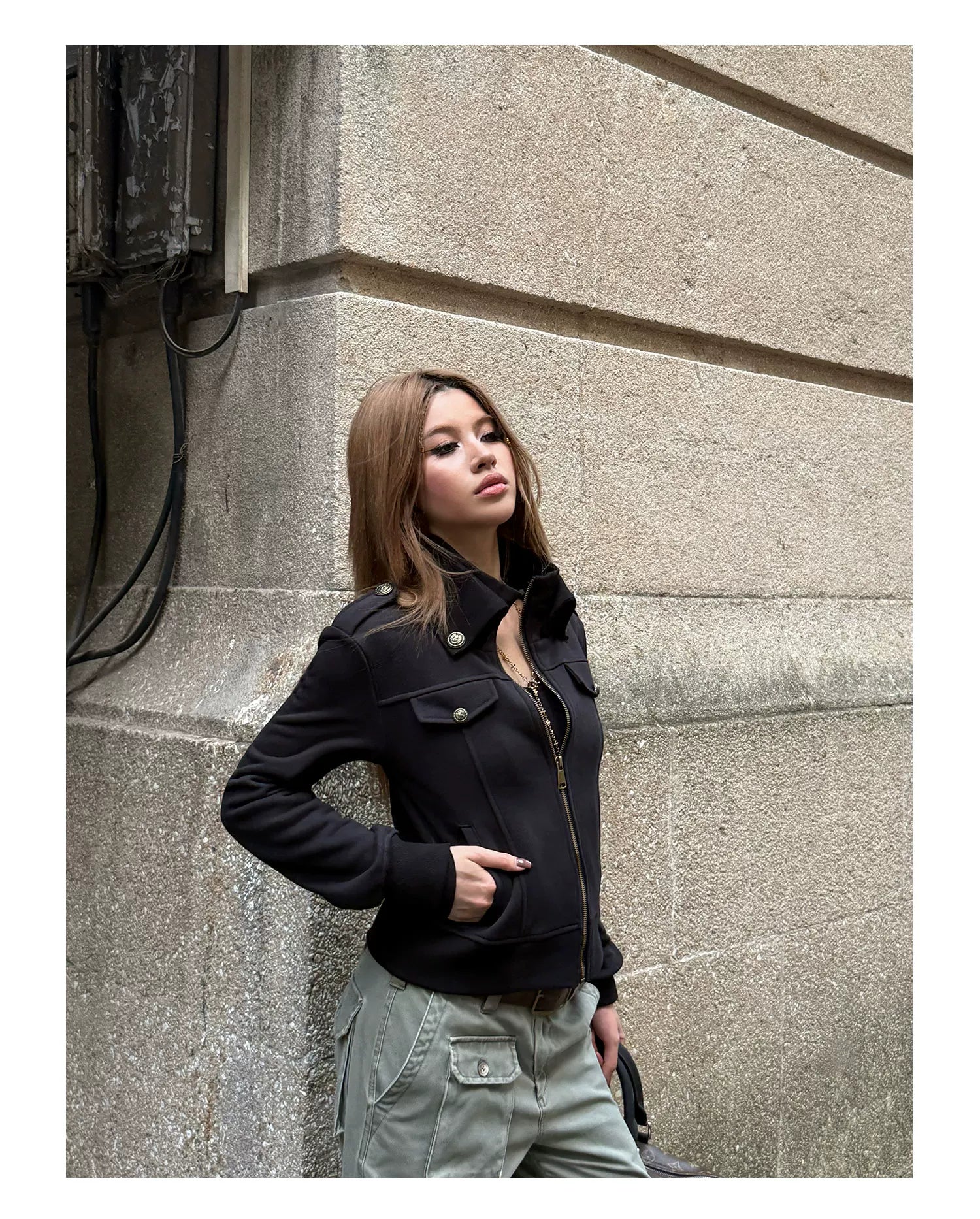 Audwyn Stand-up Collar Terry Cotton Slim-fitting Waist Short Jacket