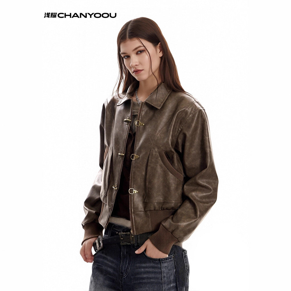 CHANYOOU Vintage Plane Buckle Leather Jacket