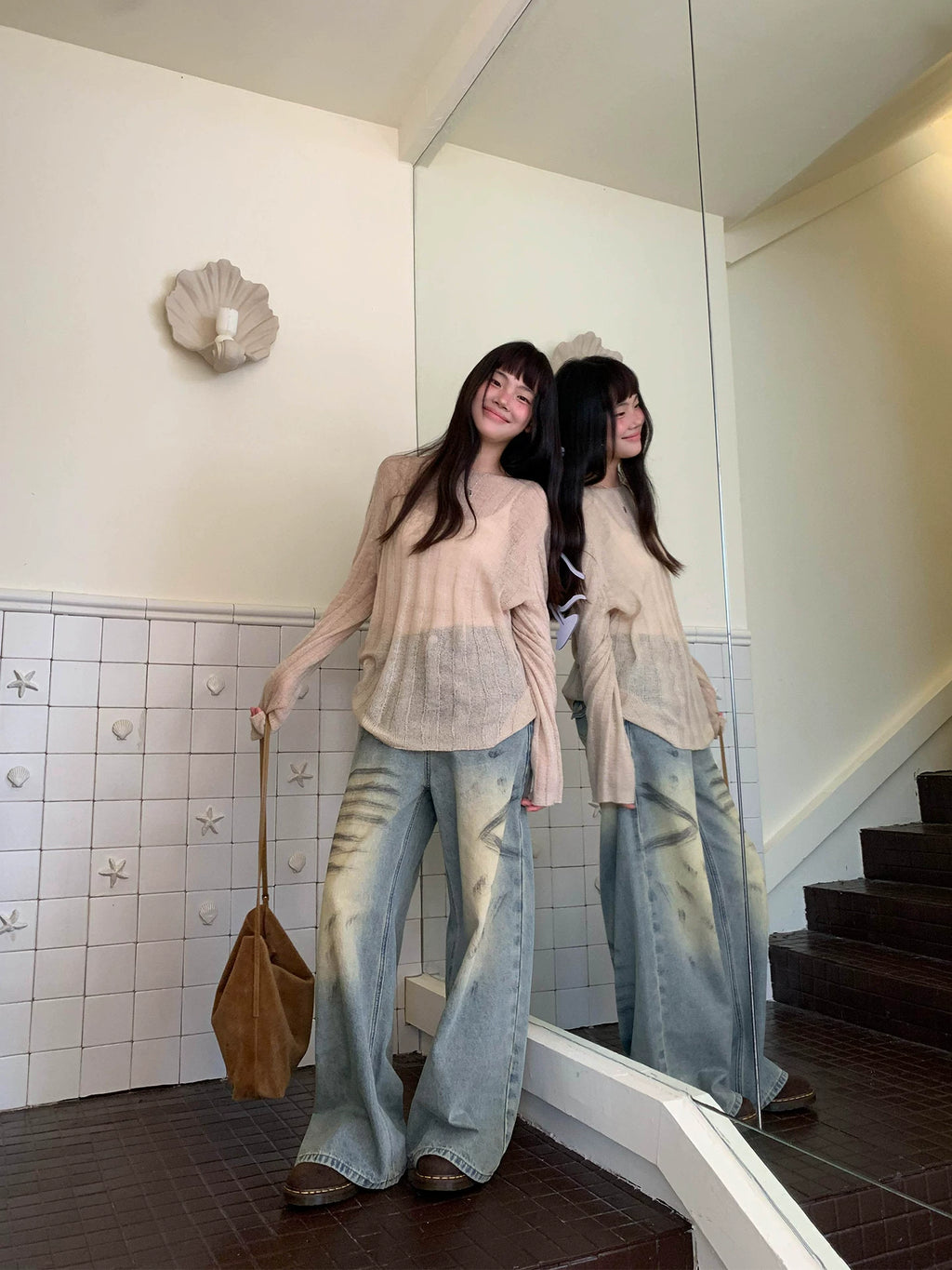 KANO Vintage Distressed High-Waist Wide-Leg Jeans