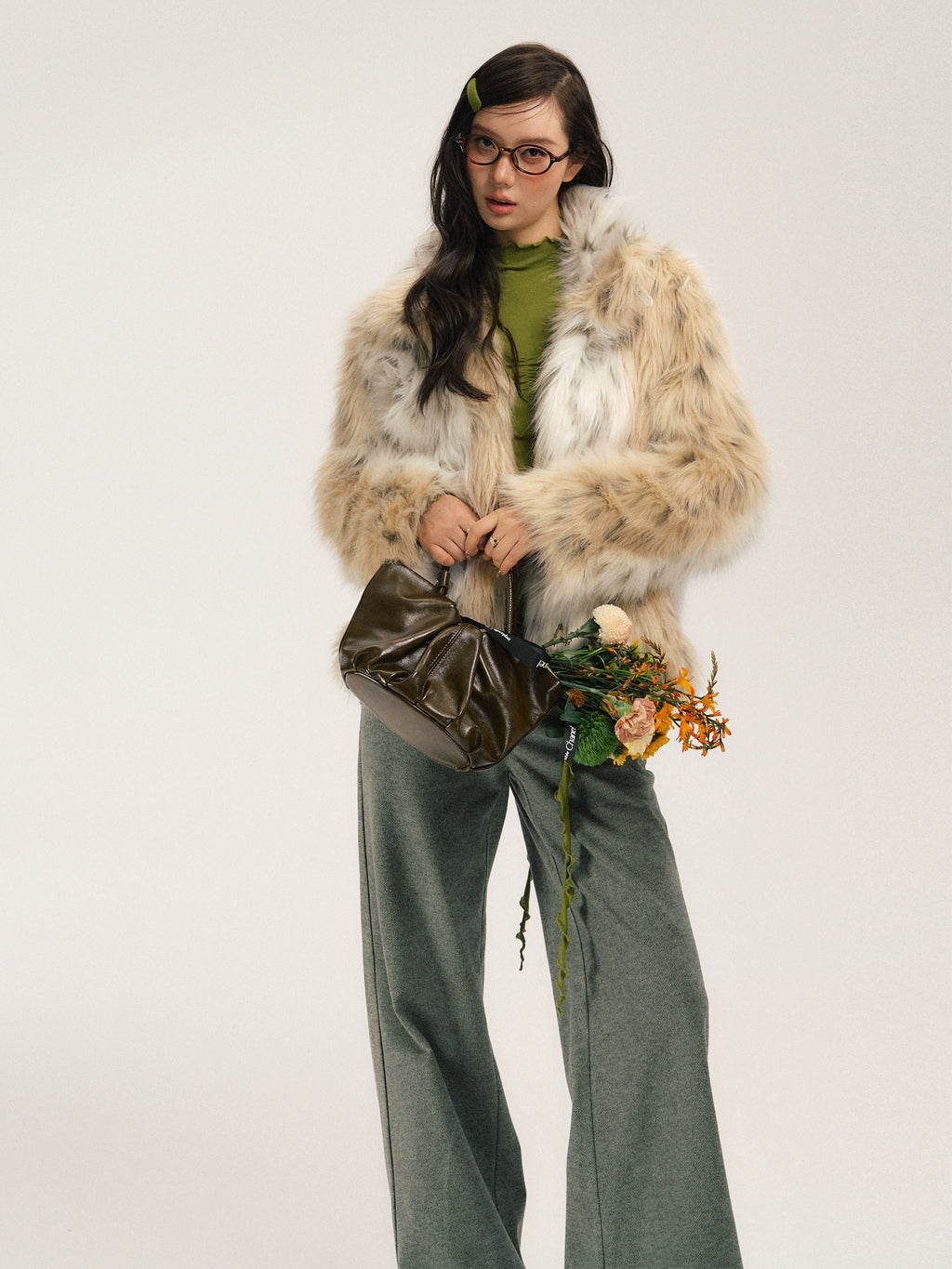 SASSY MOODY Color Matching Leopard Print Warm Thickened Environmentally Friendly Fur Jacket
