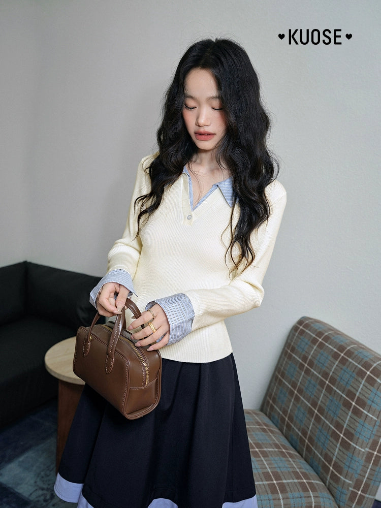Kuose Striped Fake Two Polo Collar Slim Knit