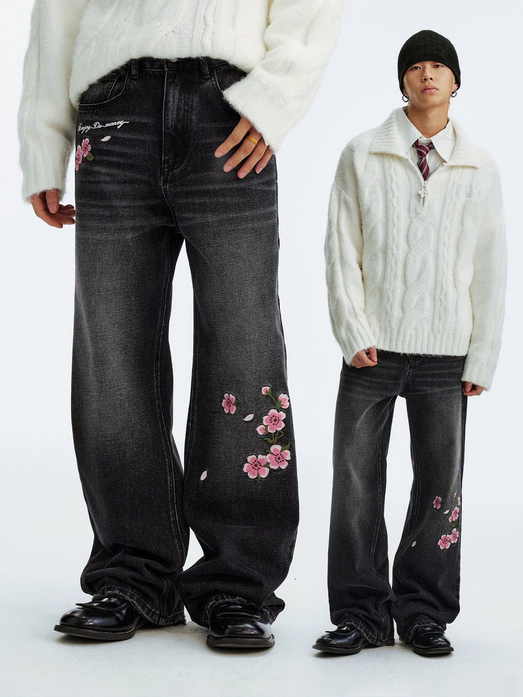 MEDM Sakura Pattern Embroidered Micro-elastic Casual Jeans