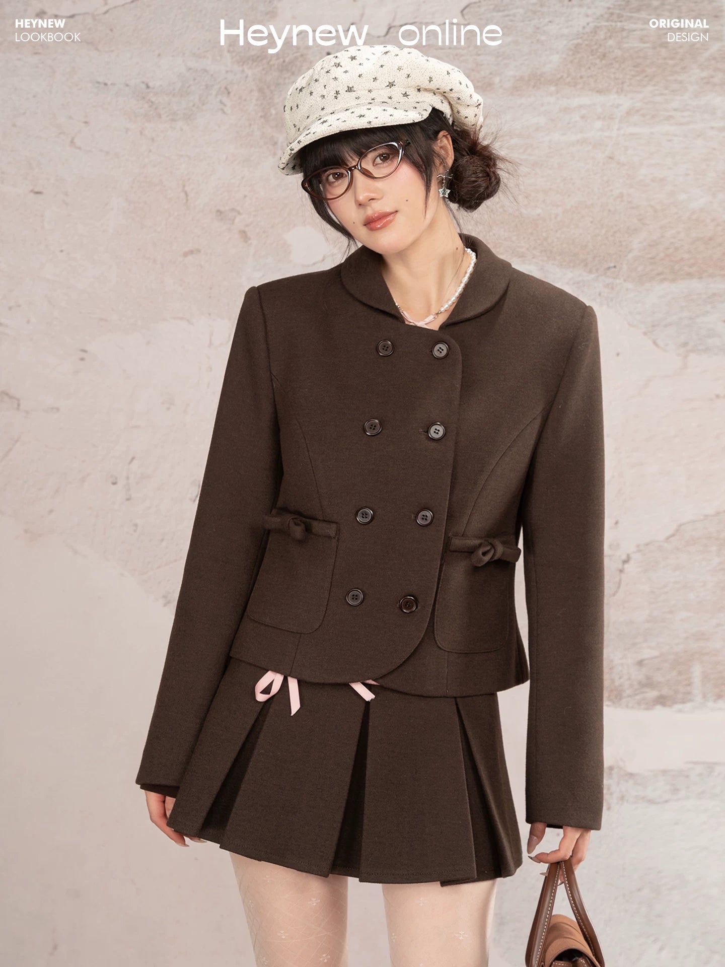 HEYNEW Maillard College Style Coat Pleated Skirt