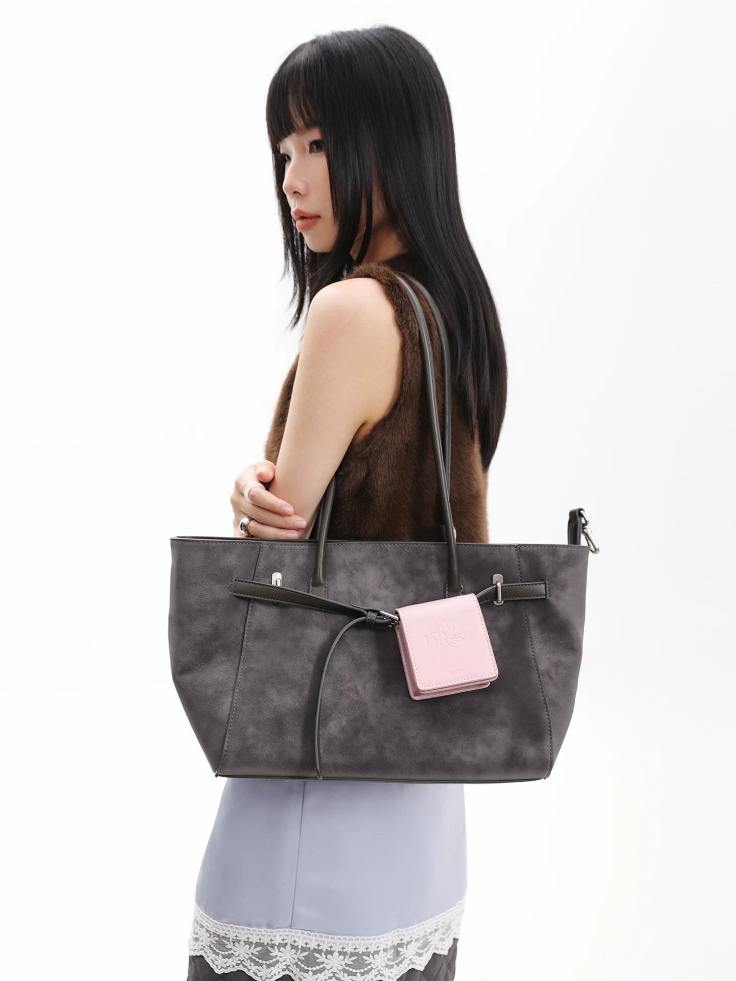 JANDRESS Gray Soft Leather Shoulder Bag - Magnetic Snap