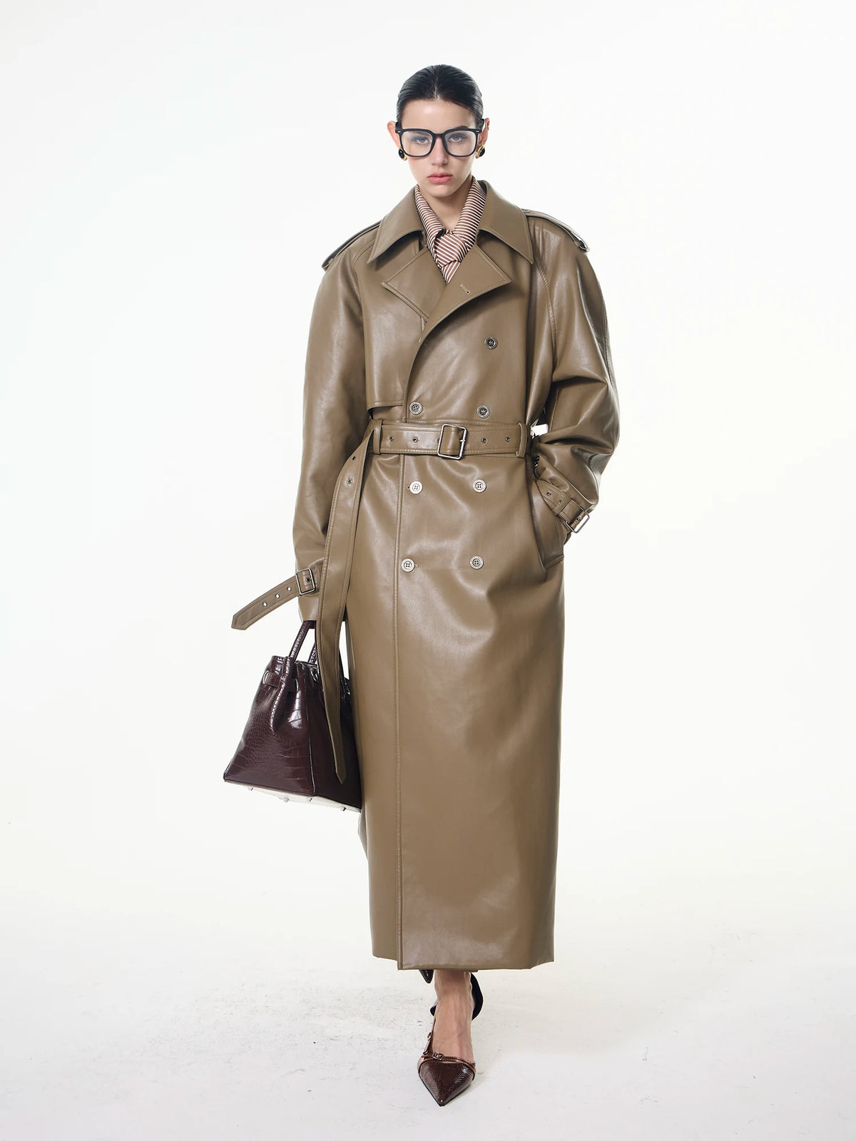 INTERLINKED Deconstructed PU Leather Double-Breasted Trench Coat