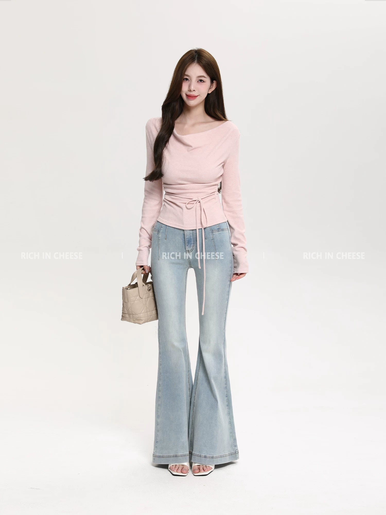 RICH IN CHEESE Pure Desire Swing Neck Knitted Waist Pleated Long Sleeves