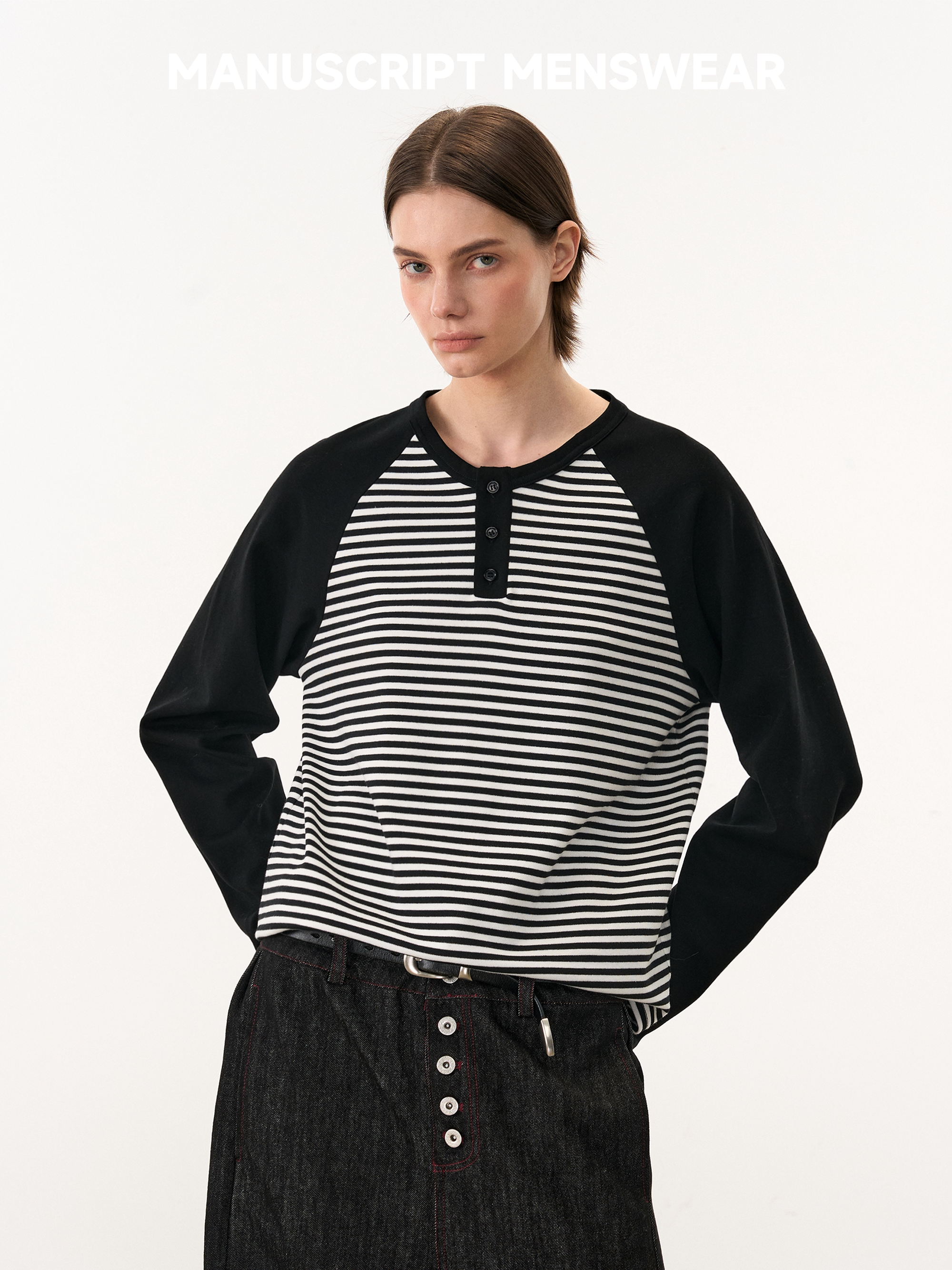 MANUSCRIPT Color Matching Striped Shoulder Sleeve Casual Long Sleeve