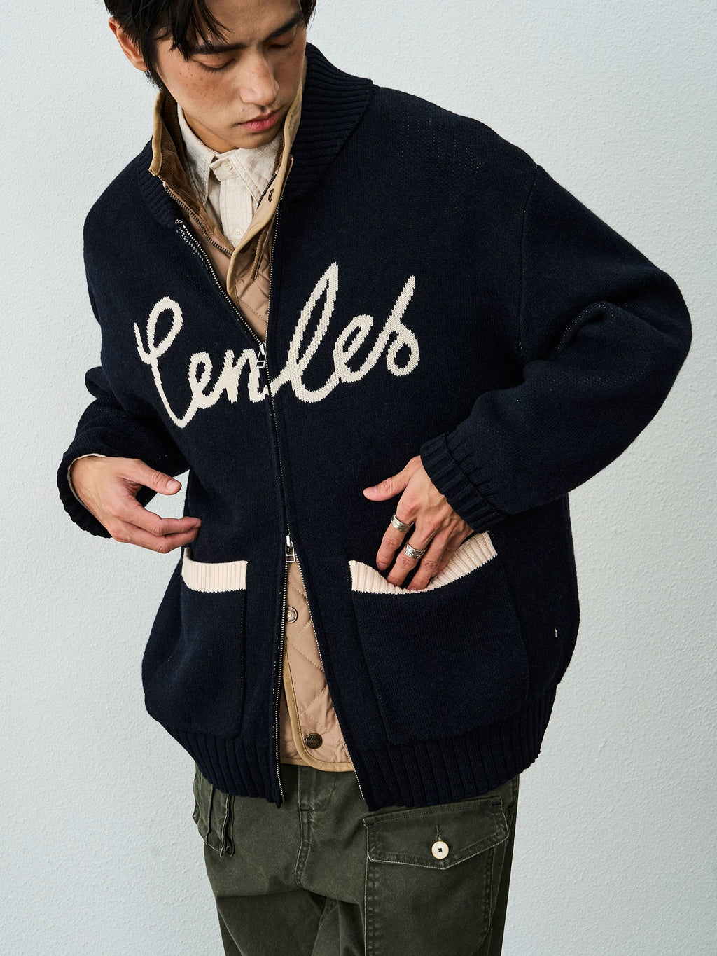 CENLES Wool-Blend Jacquard Knit Cardigan with Lapel