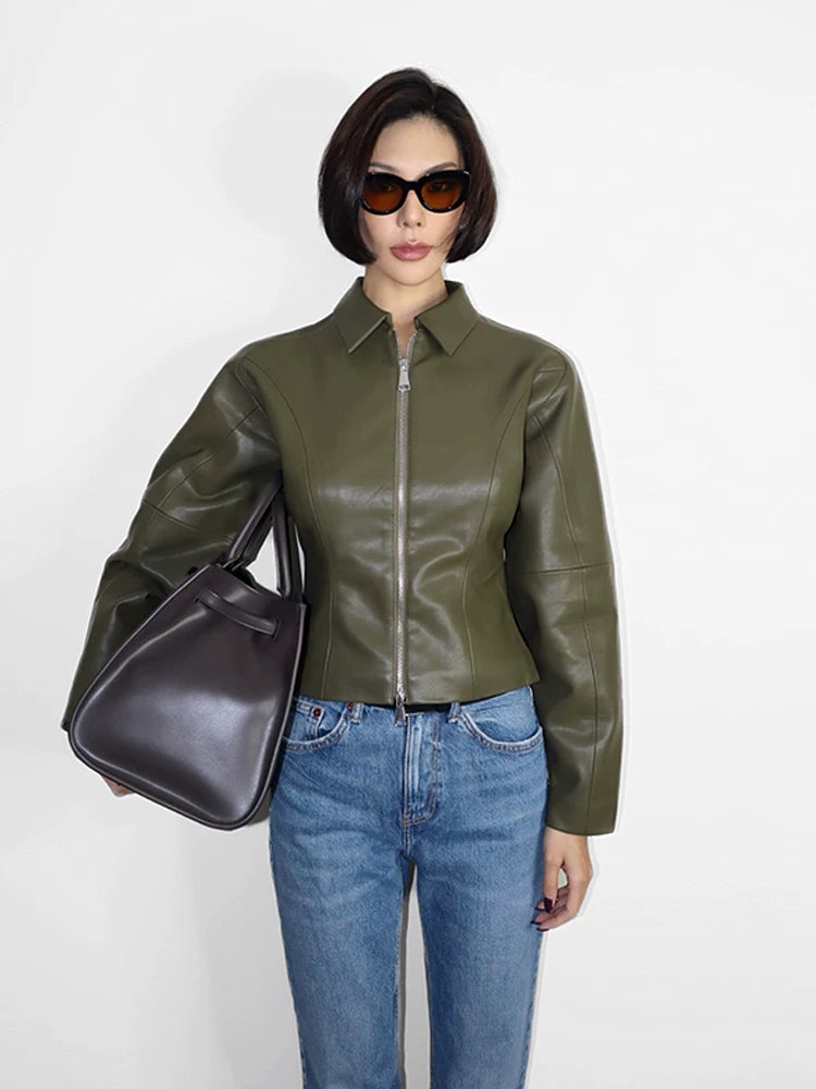 VanessaLab Vintage Slim Fit Waist Short Leather Jacket